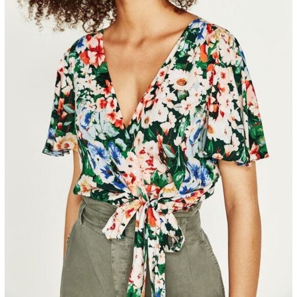 Zara Floral Cropped Wrap Side Tie Top Blouse Small S Green Orange Short Sleeve - Picture 12 of 12